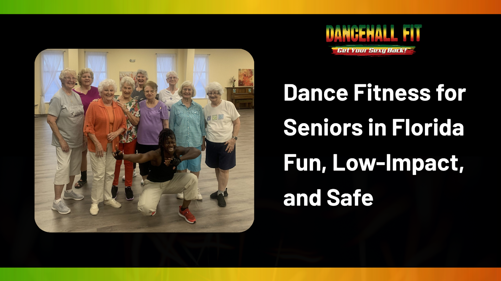 Group of senior women smiling and standing together in a community hall, with a fitness instructor posing in front, celebrating an active and healthy lifestyle